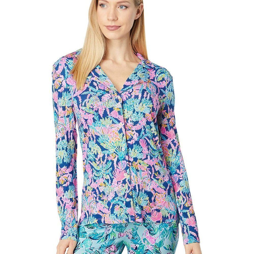 Lilly Pulitzer Oyster Bay seen and heard Knit Long Sleeve Button-up Top …